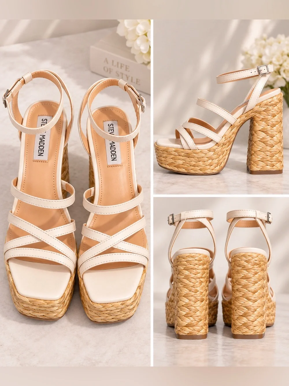 Steve Madden NWT Belise White Leather Raffia Platform Block Heel Sandals 7.5M